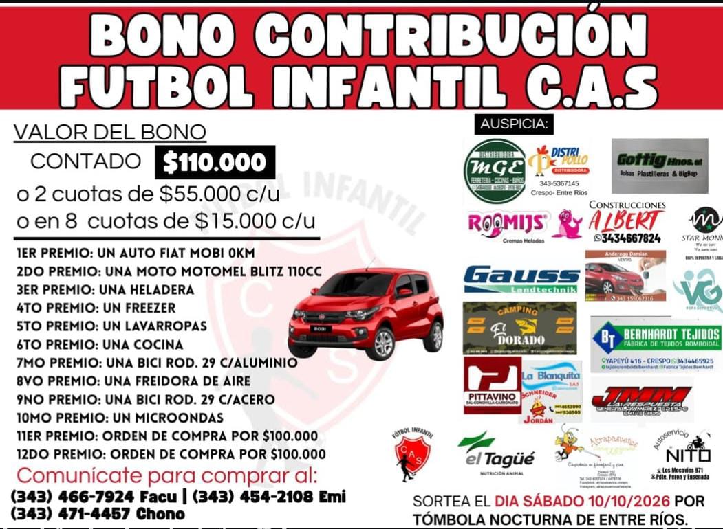 Fútbol infantil: ya se encuentra el bono contribución de Sarmiento